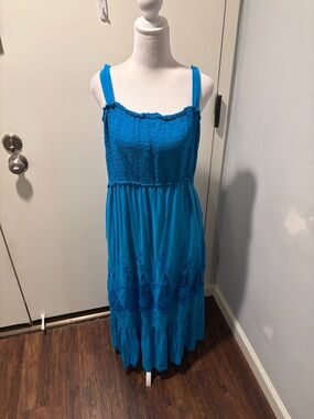 Blue Maxi Sundress with Embroidered Skirt